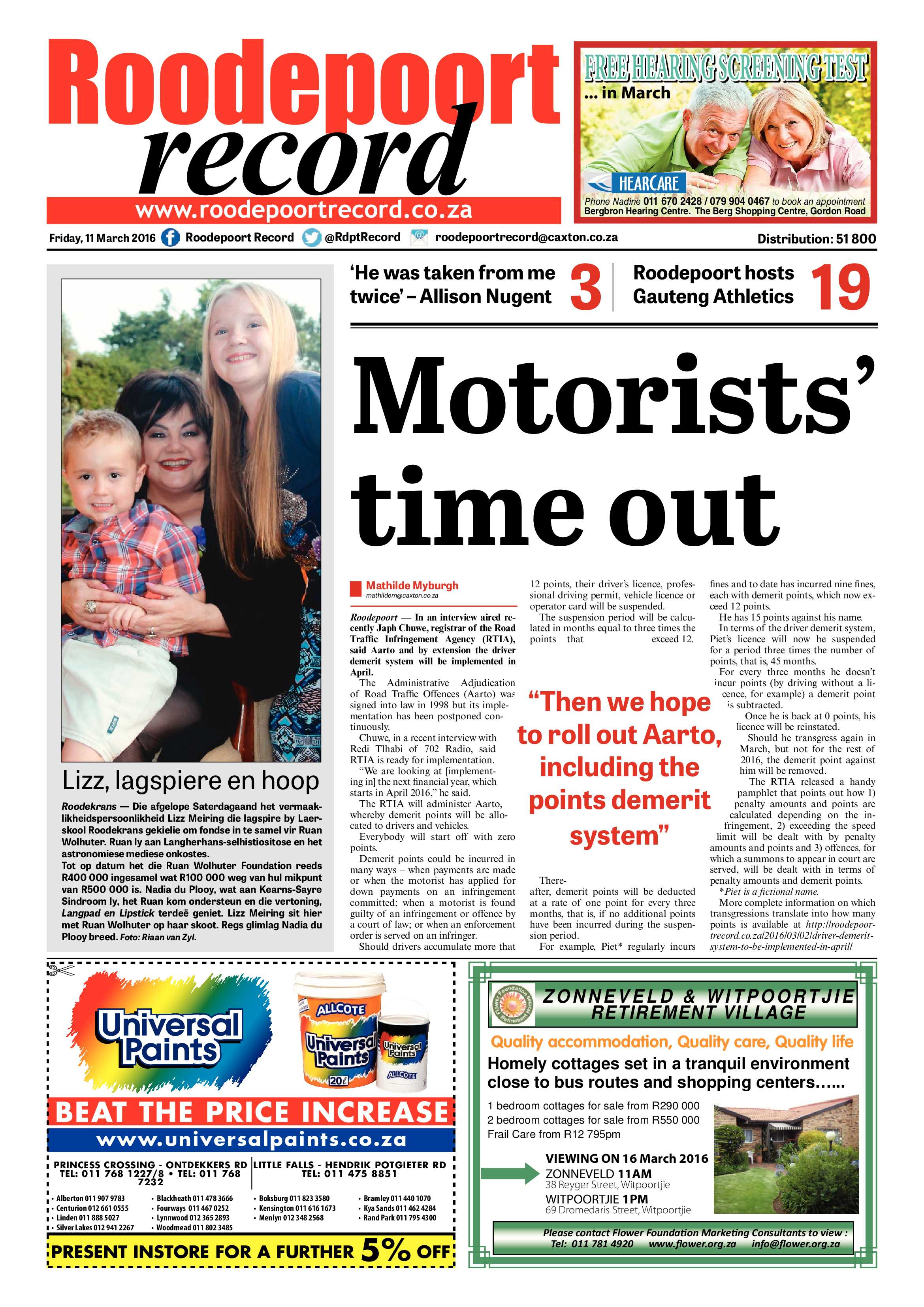 Roodepoort Record 11 March 2016 page 1