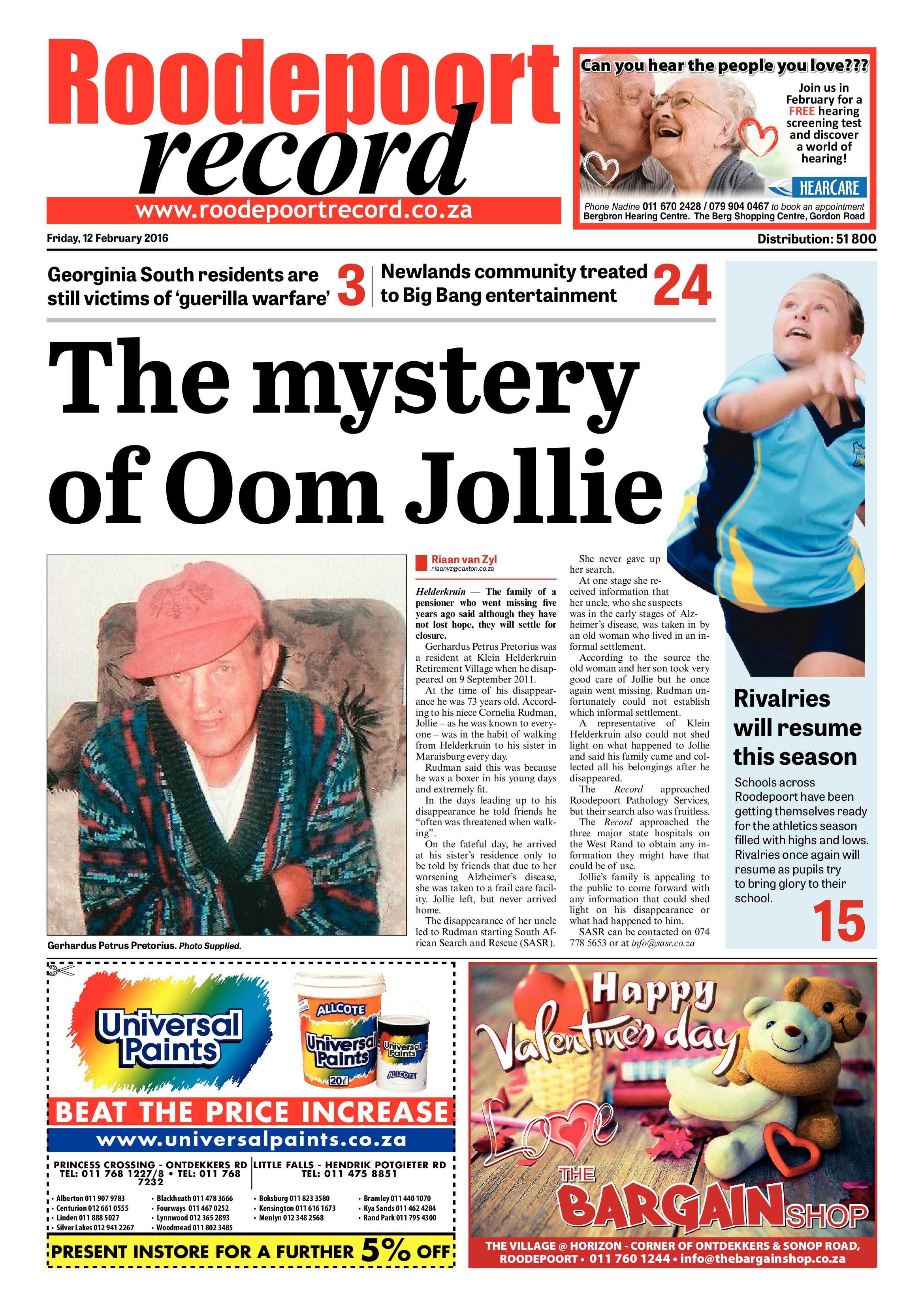 Roodepoort Record 12 February 2016 page 1