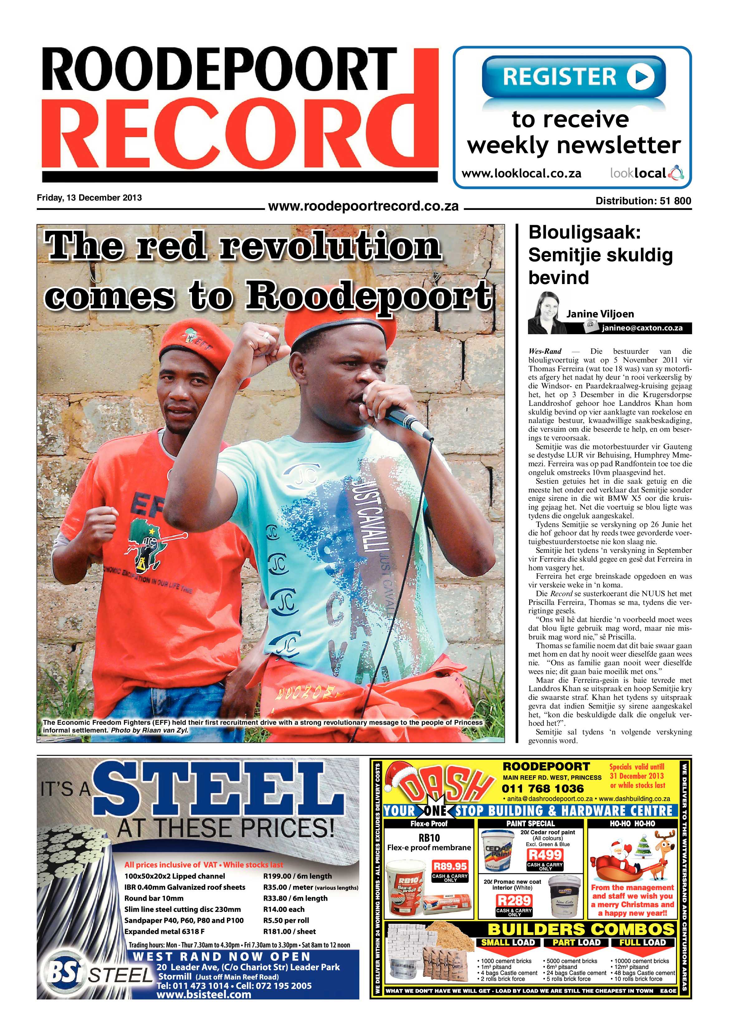 Roodepoort Record 13 December 2013 page 1
