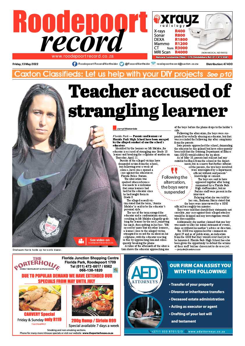 Roodepoort Record 13 May 2022 page 1