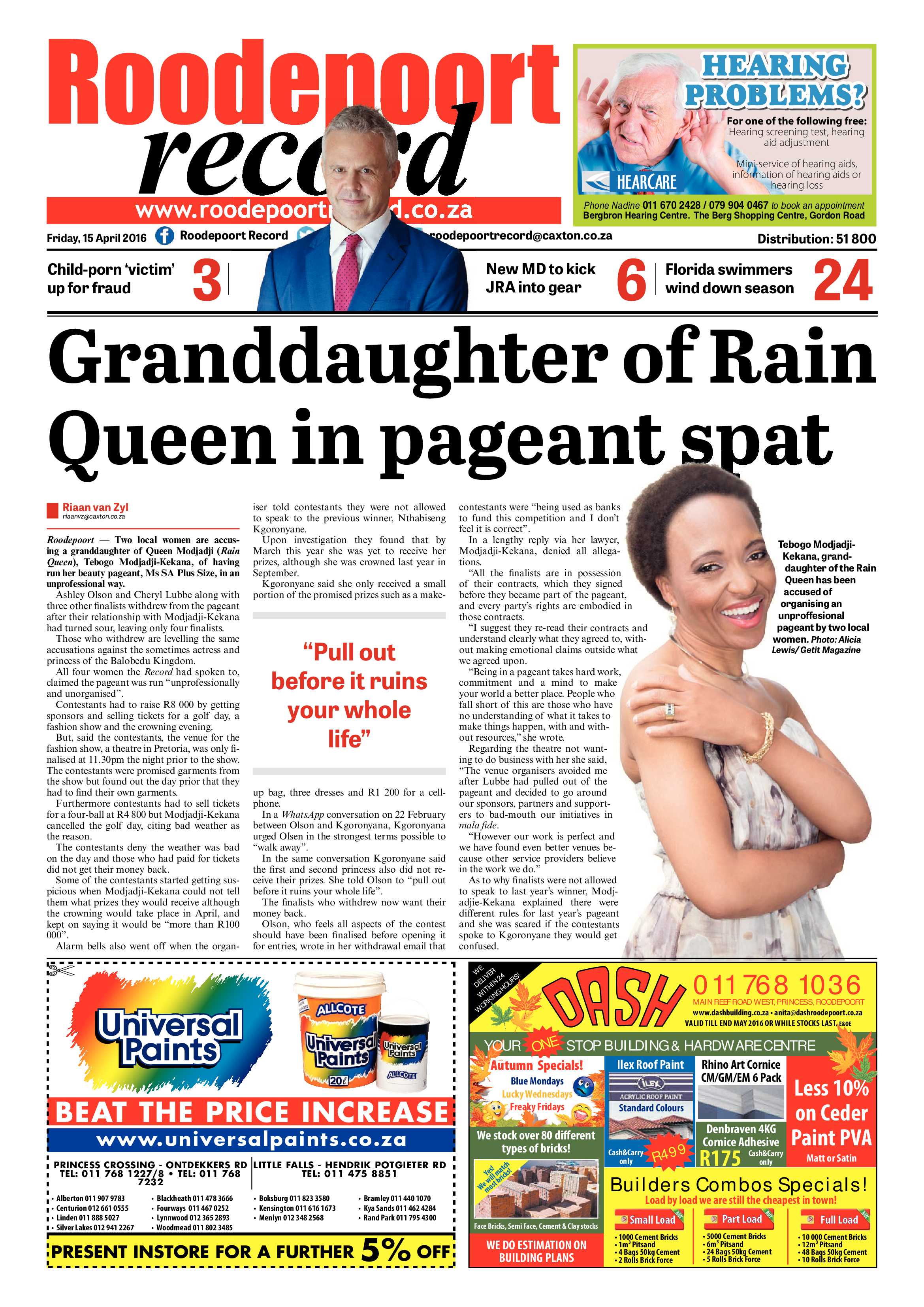 Roodepoort Record 15 April 2016 page 1