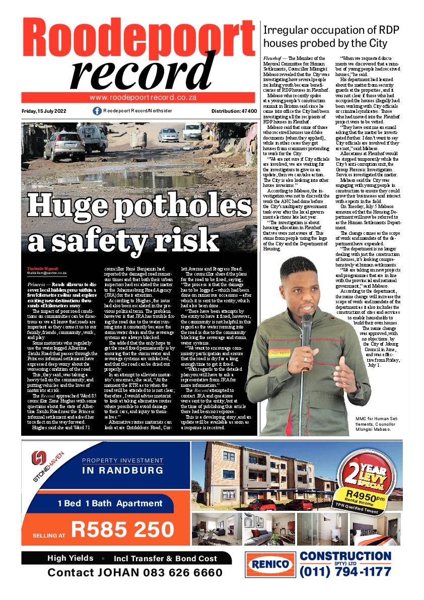 Roodepoort Record 15 July 2022 page 1