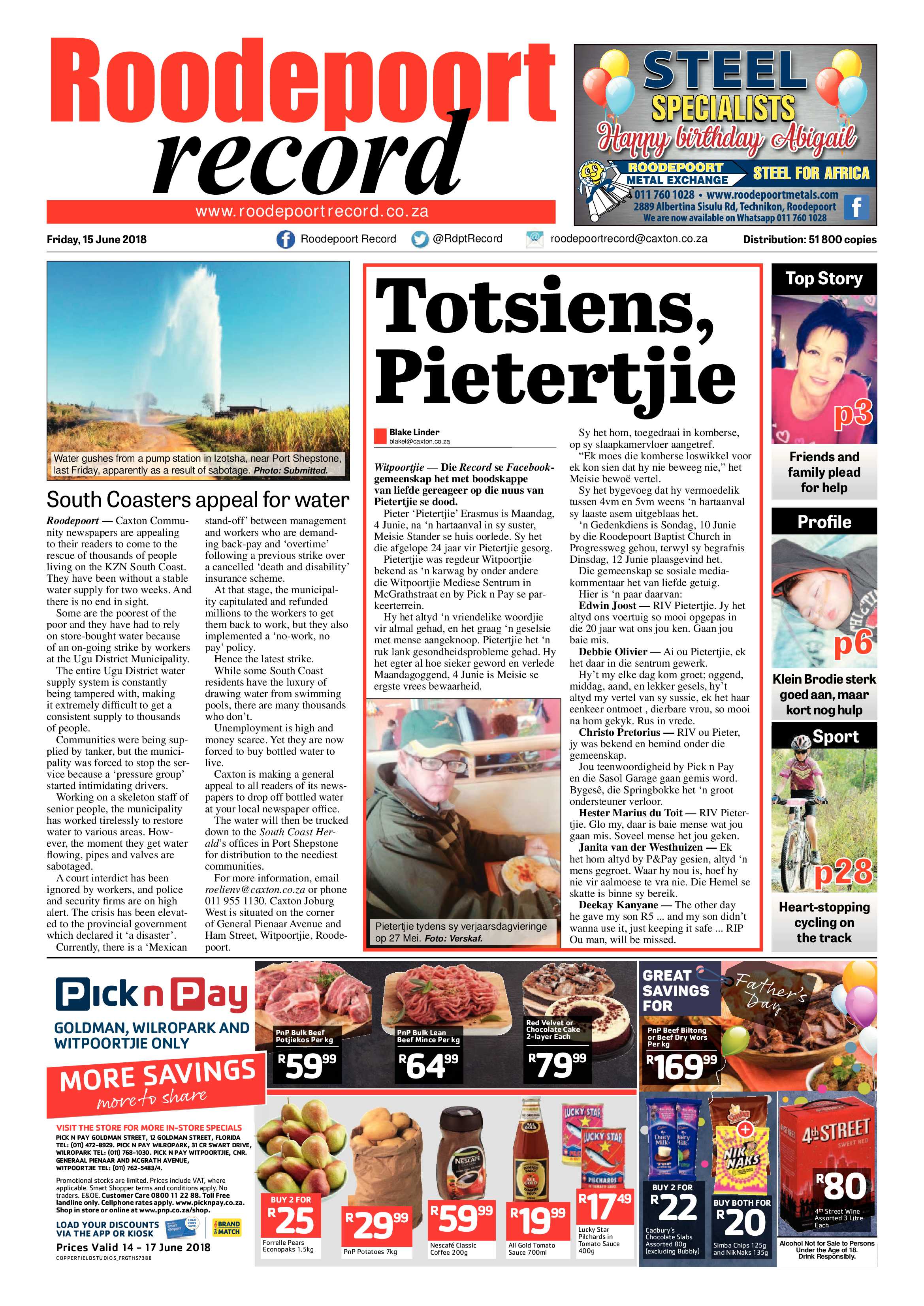Roodepoort Record 15 June 2018 page 1