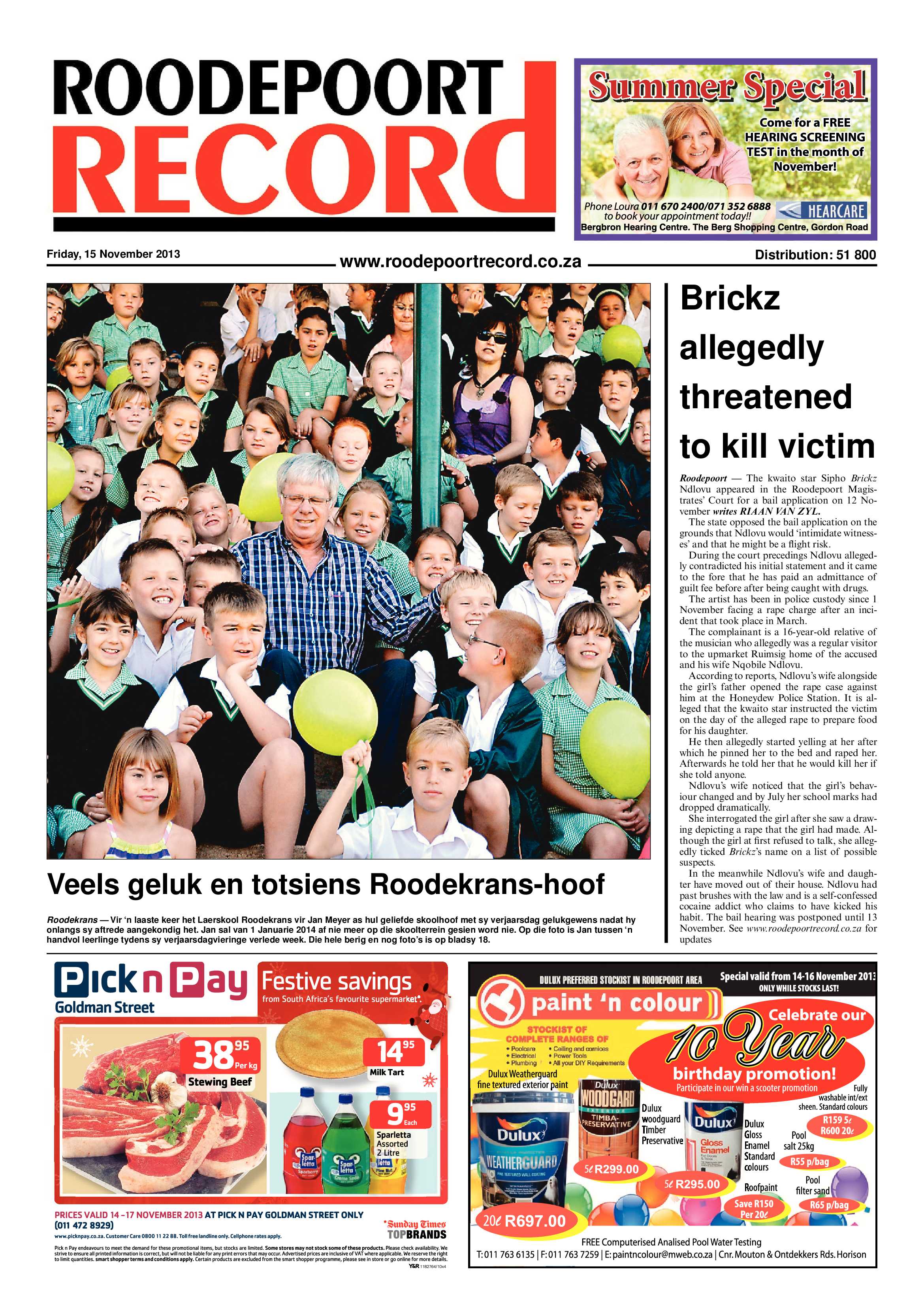 Roodepoort Record 15 November 2013 page 1
