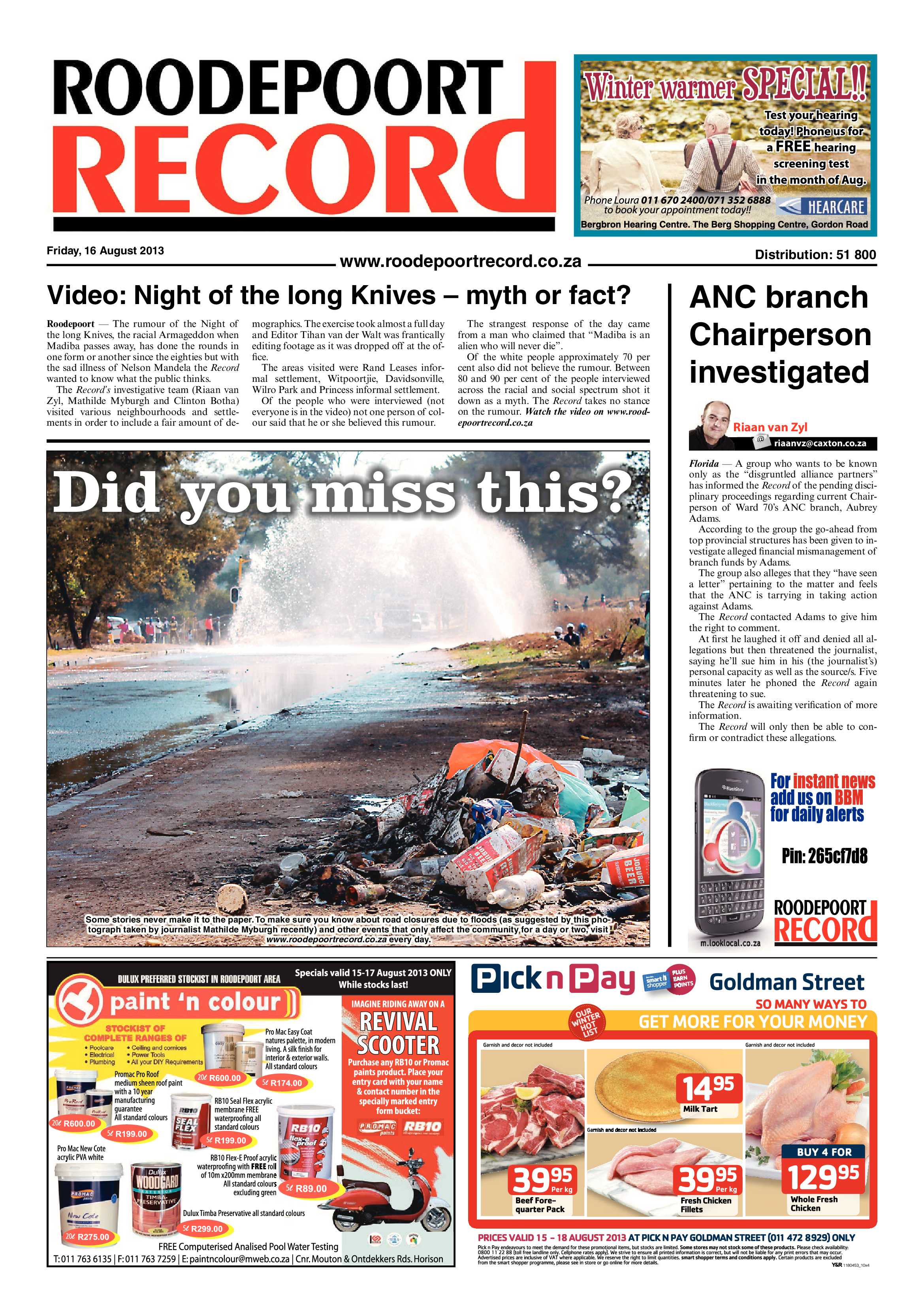 Roodepoort Record 16 August 2013 page 1