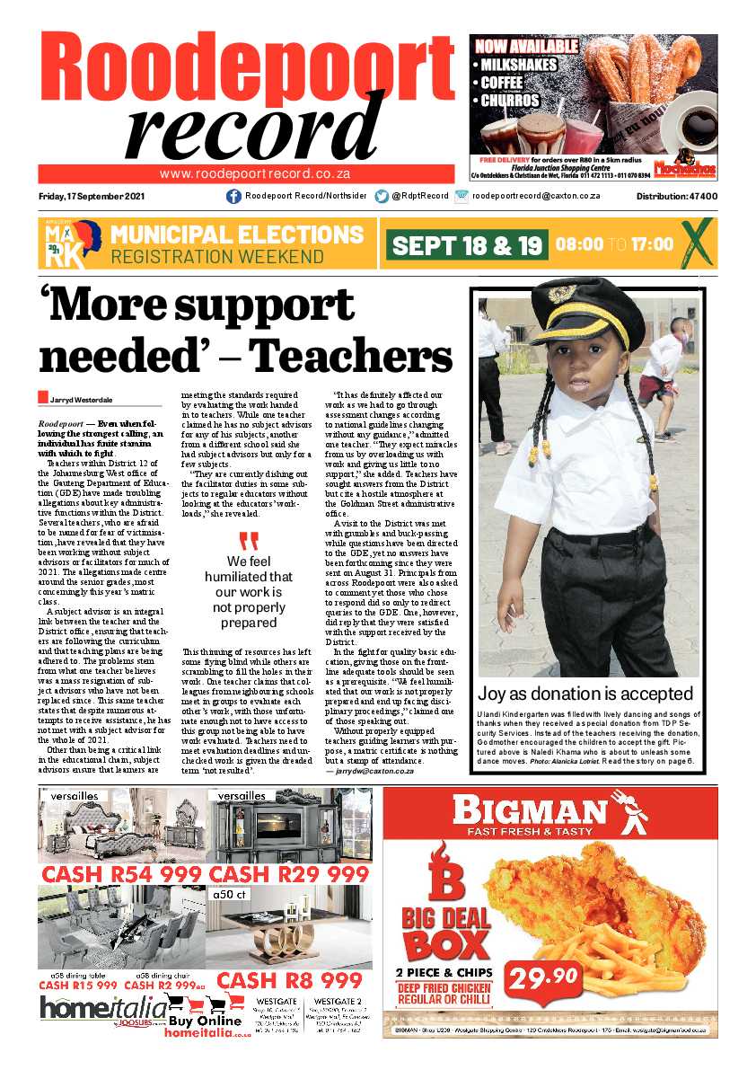 Roodepoort Record 17 September 2021 page 1