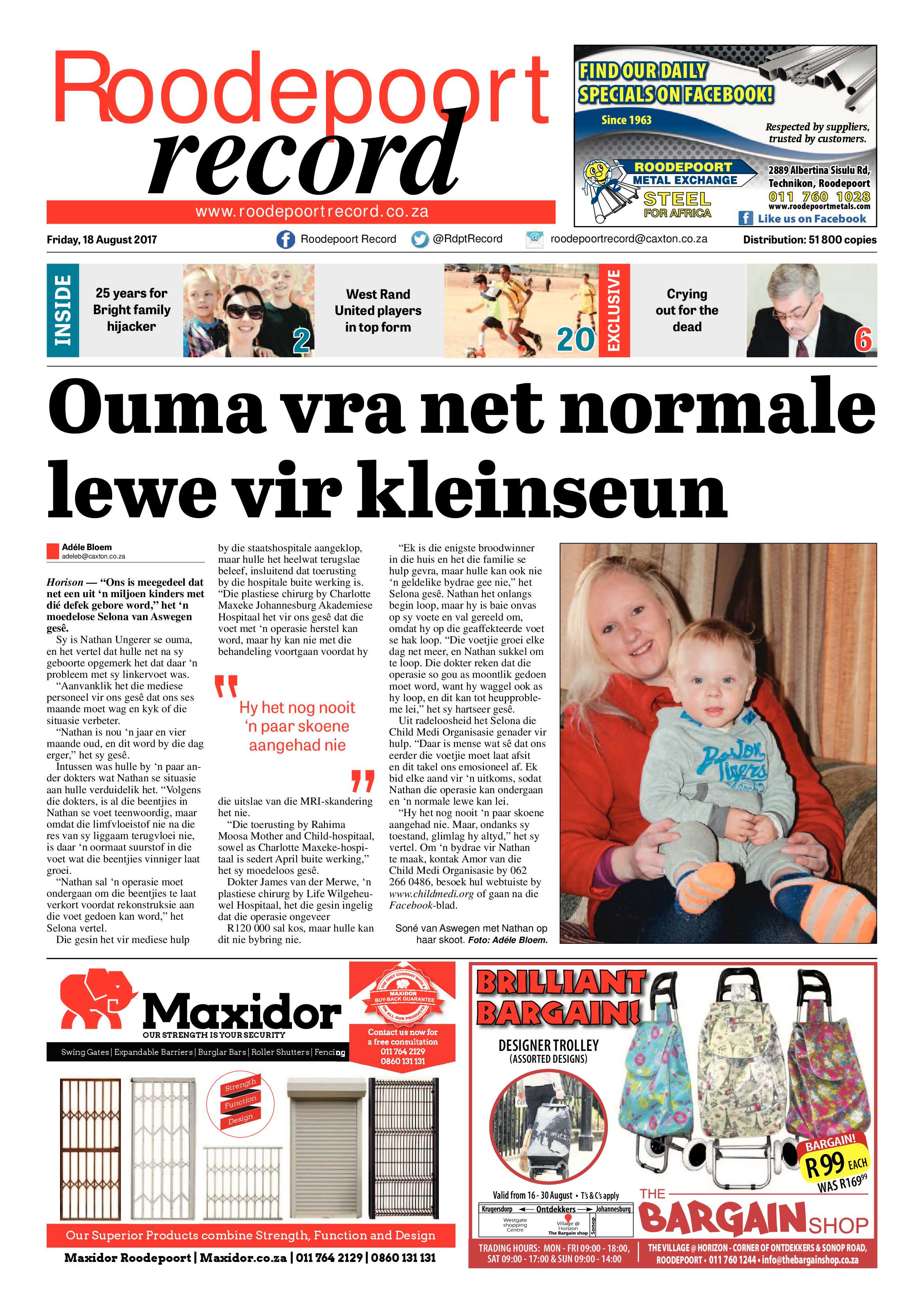 Roodepoort Record 18 August 2017 page 1