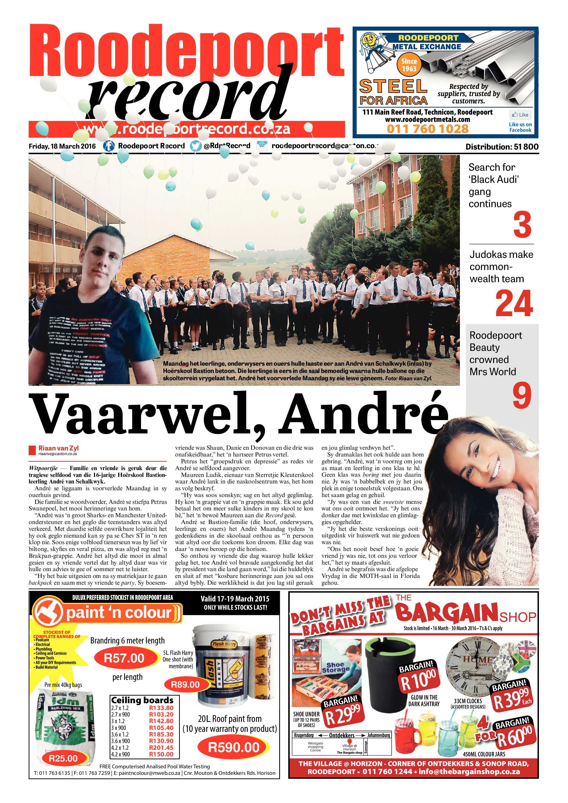 Roodepoort Record 18 March 2016 page 1