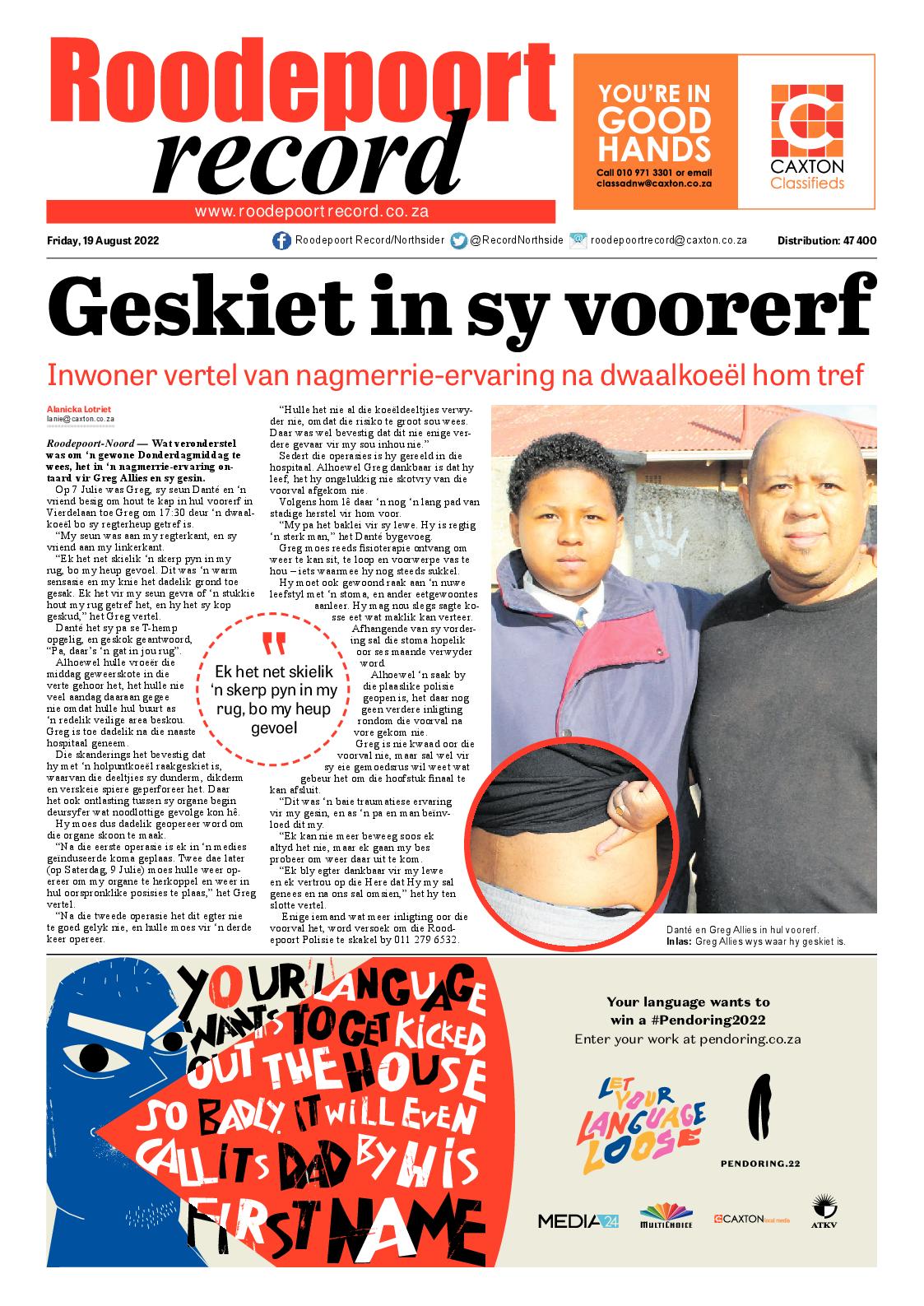 Roodepoort Record 19 August 2022 page 1