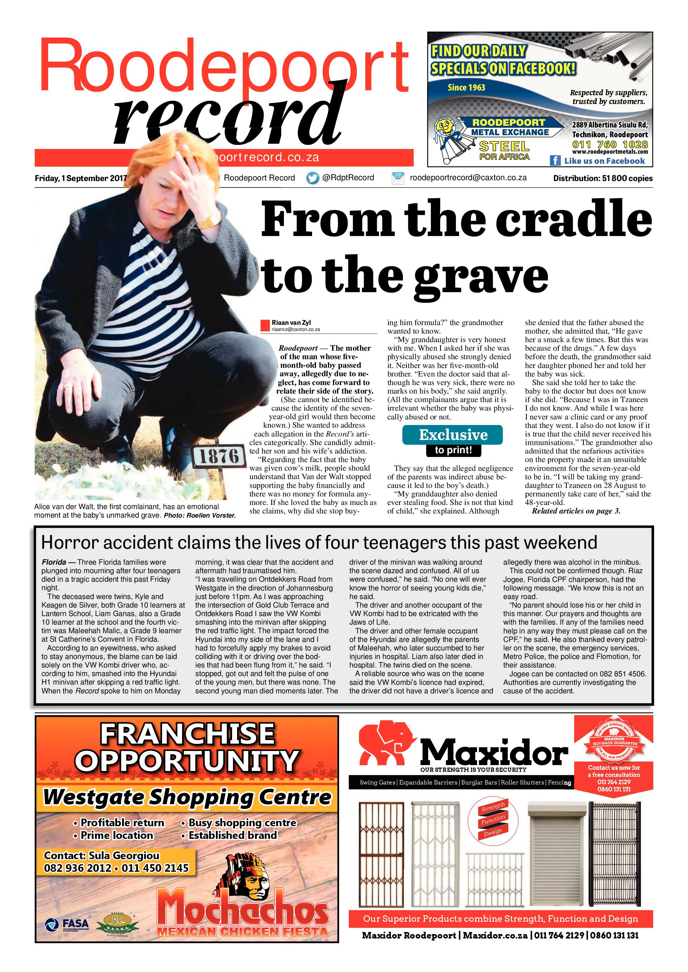 Roodepoort Record 1 September 2017 page 1