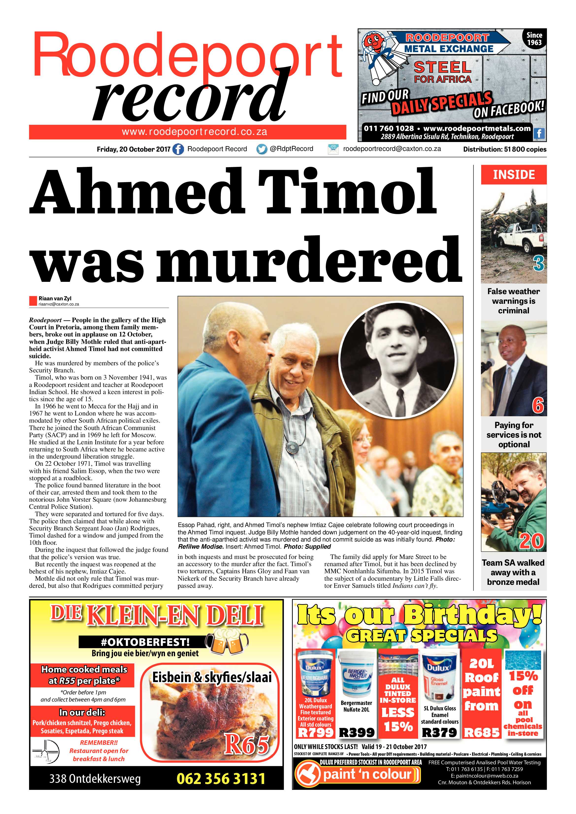 Roodepoort Record 20 October 2017 page 1
