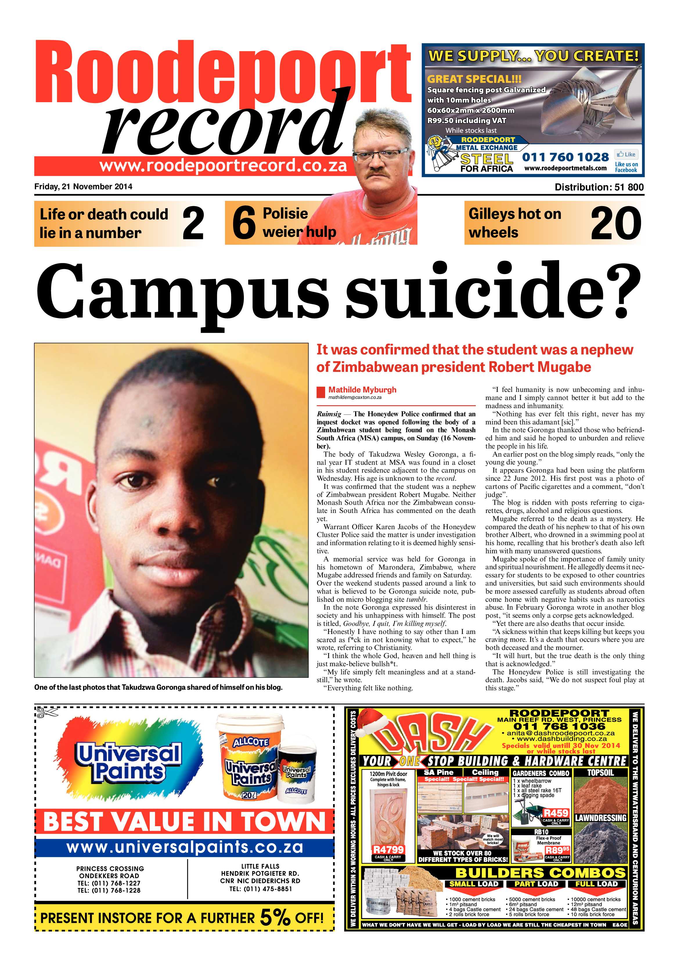 Roodepoort Record 21 November 2014 page 1