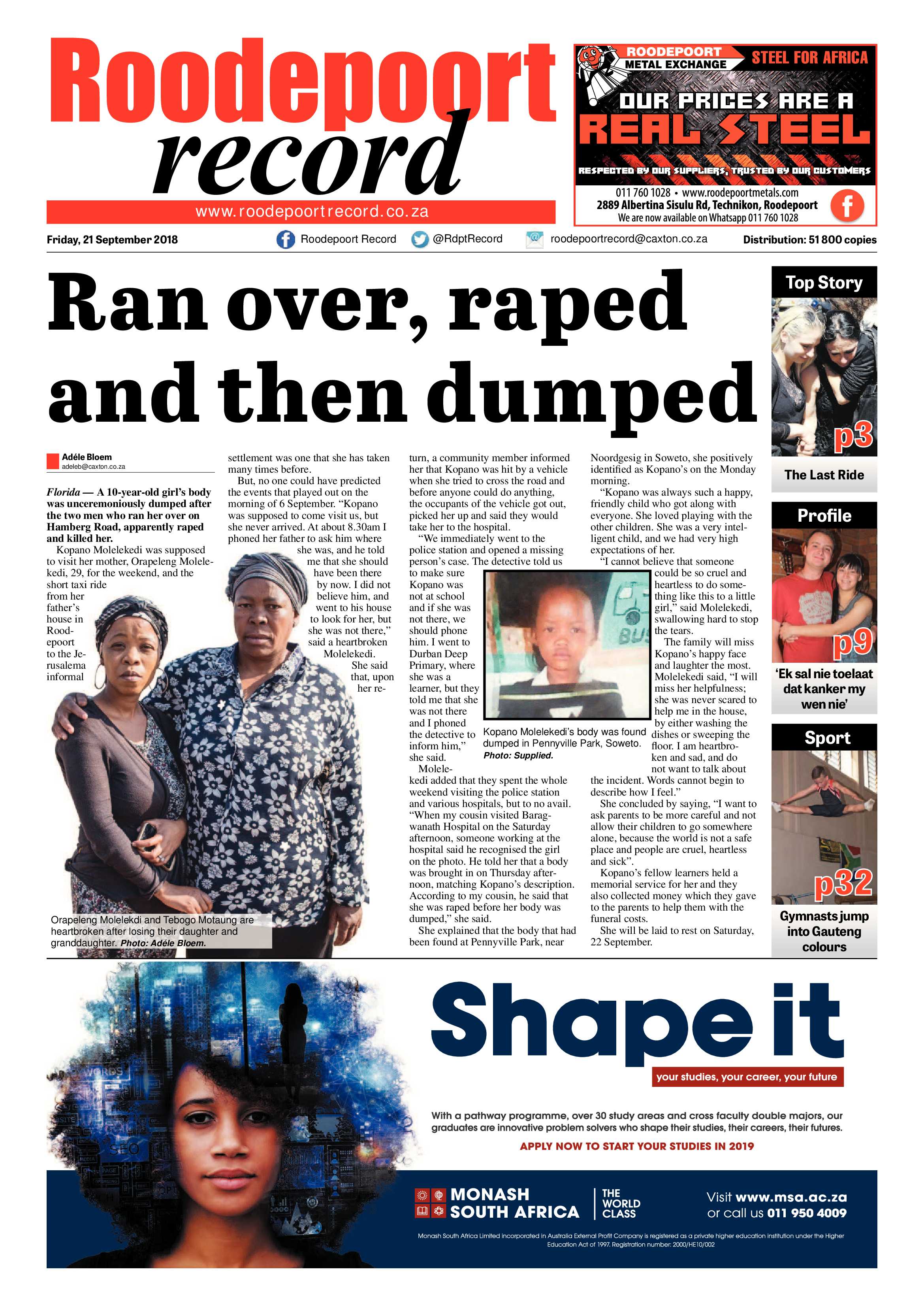 Roodepoort Record 21 September 2018 page 1