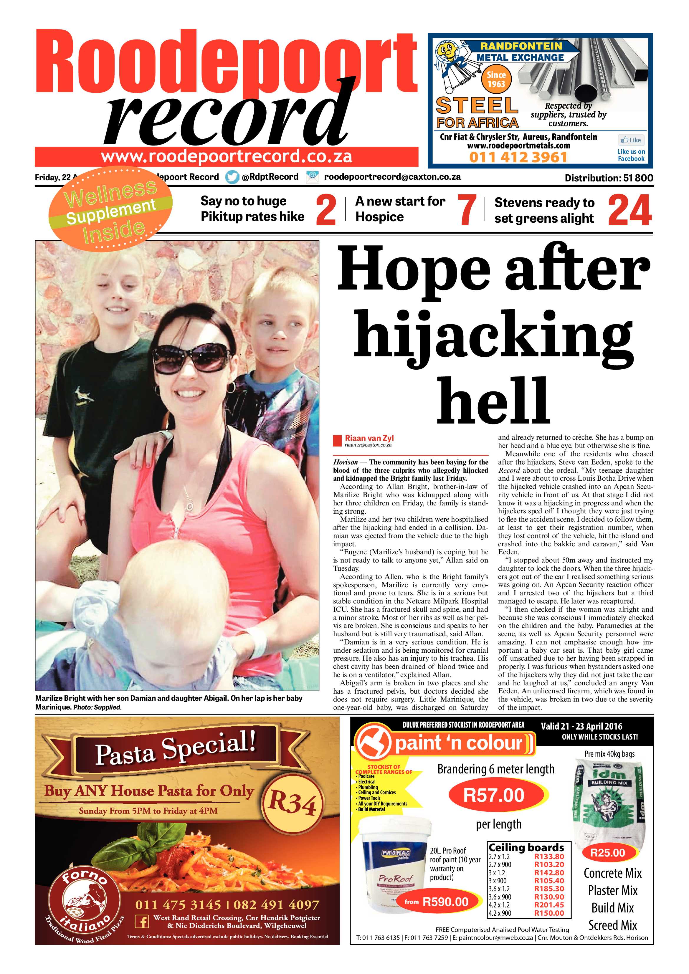 Roodepoort Record 22 April 2016 page 1