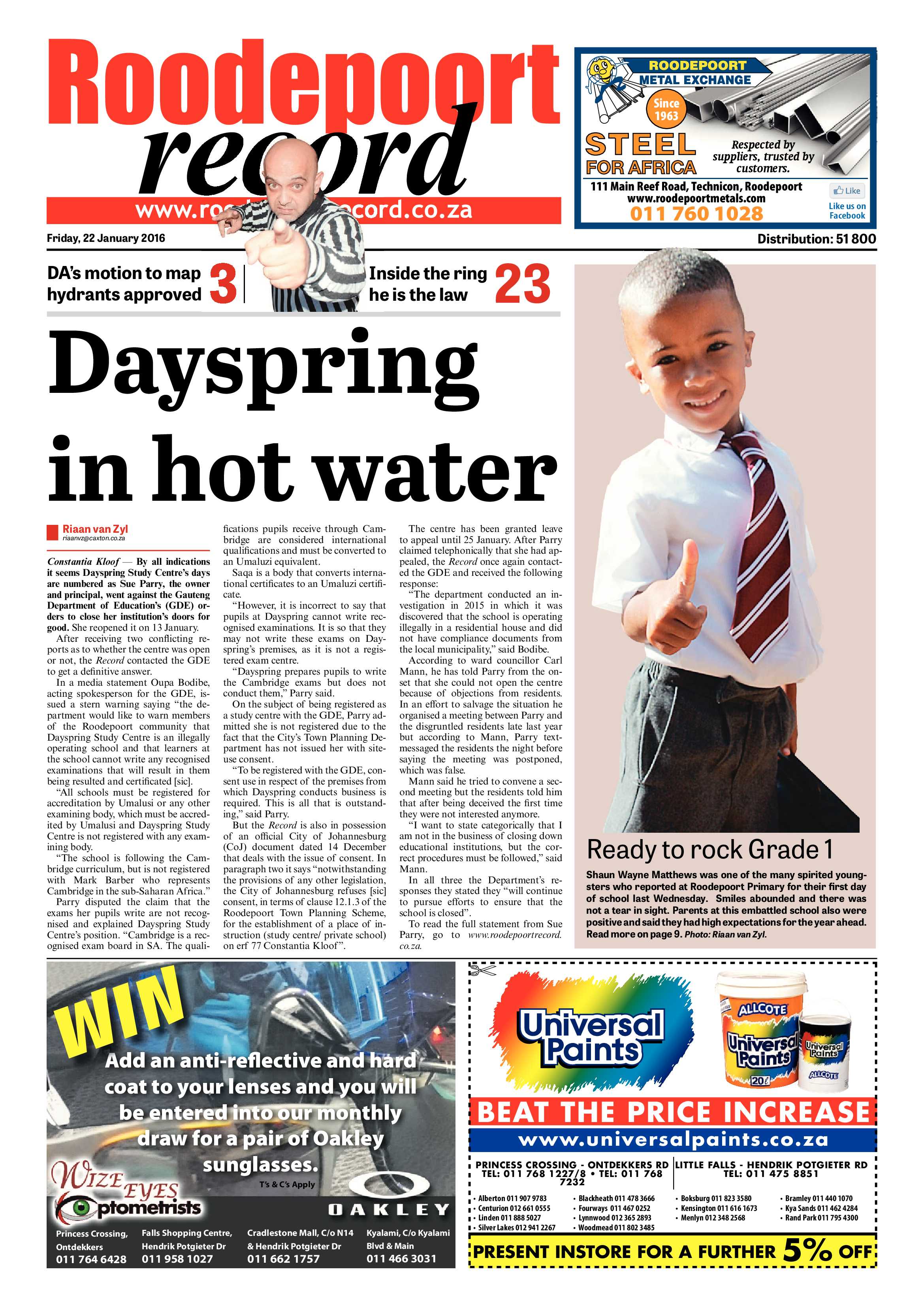 Roodepoort Record 22 January 2016 page 1