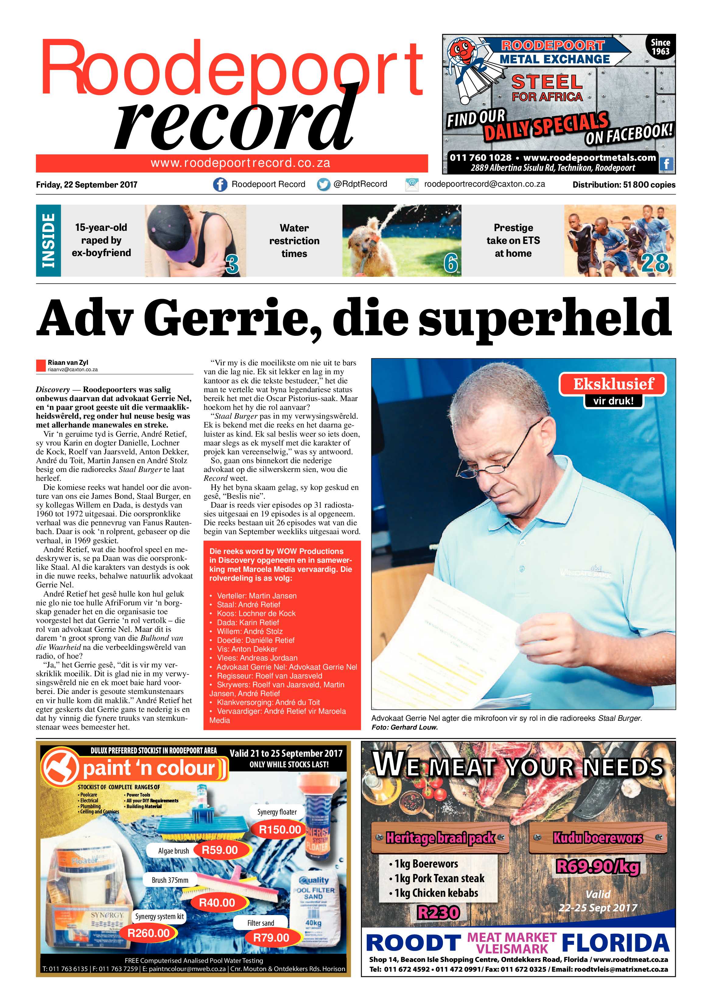 Roodepoort Record 22 September 2017 page 1