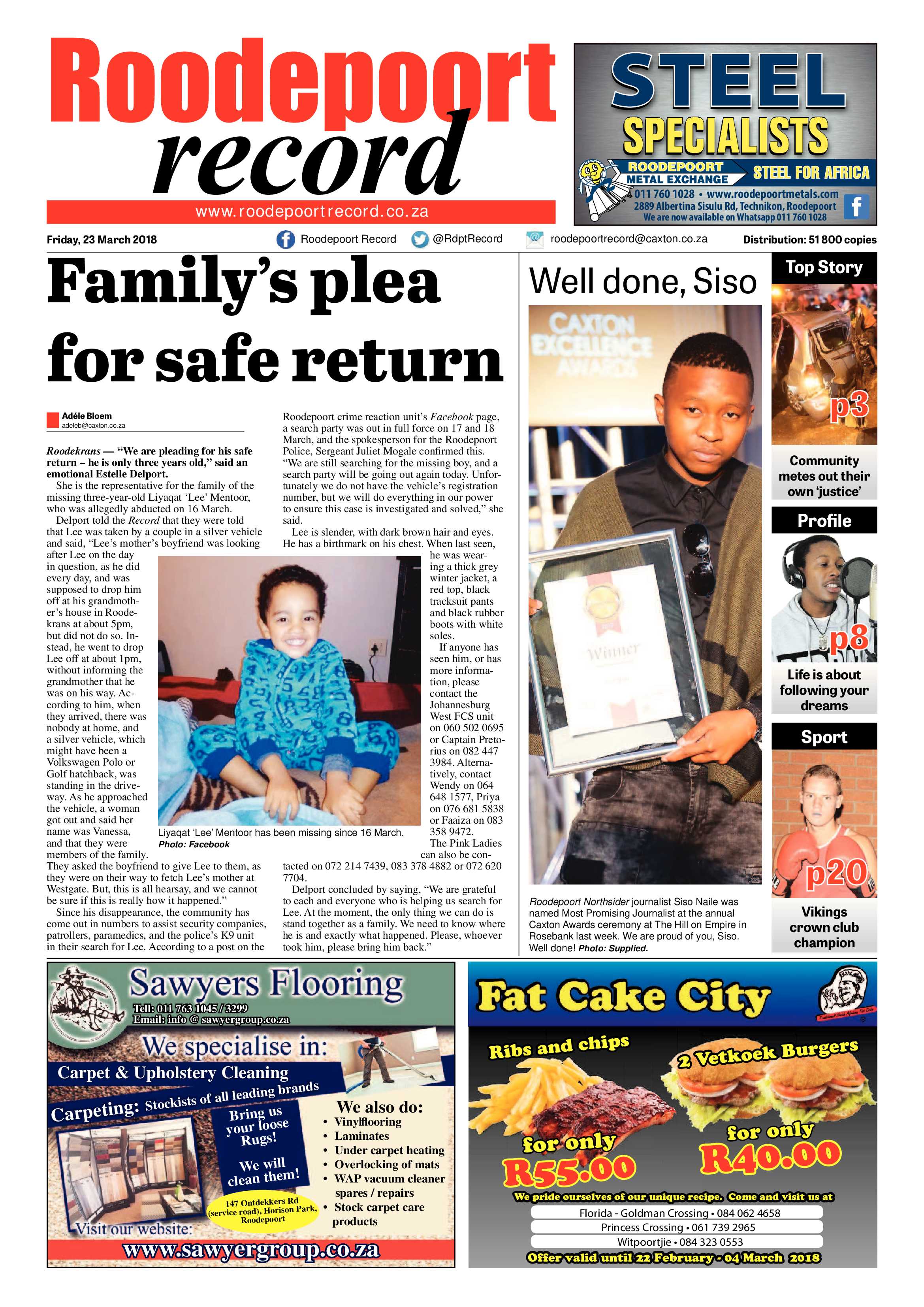 Roodepoort Record 23 March 2018 page 1