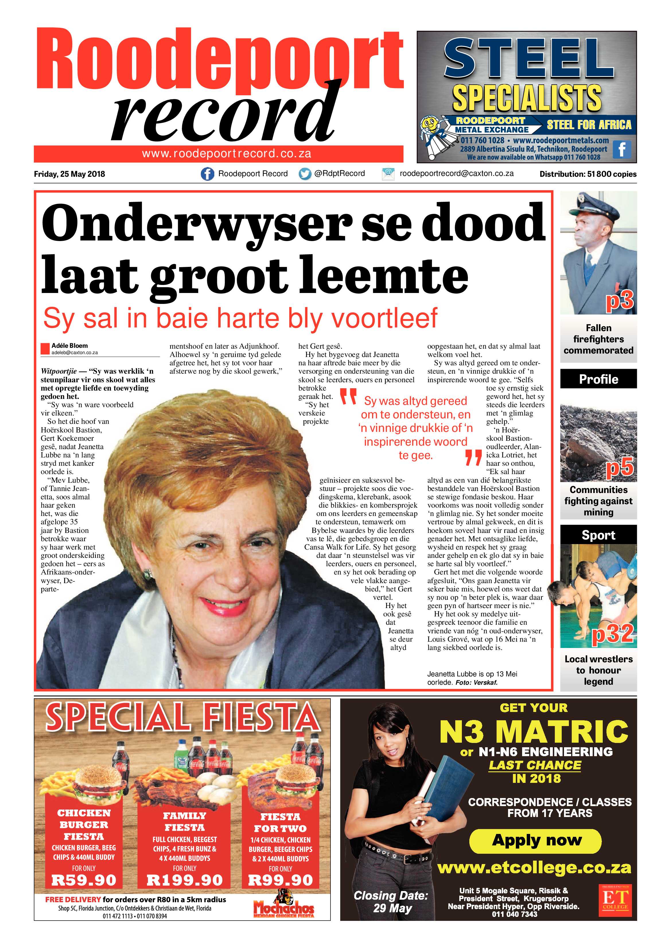 Roodepoort Record 25 May 2018 page 1