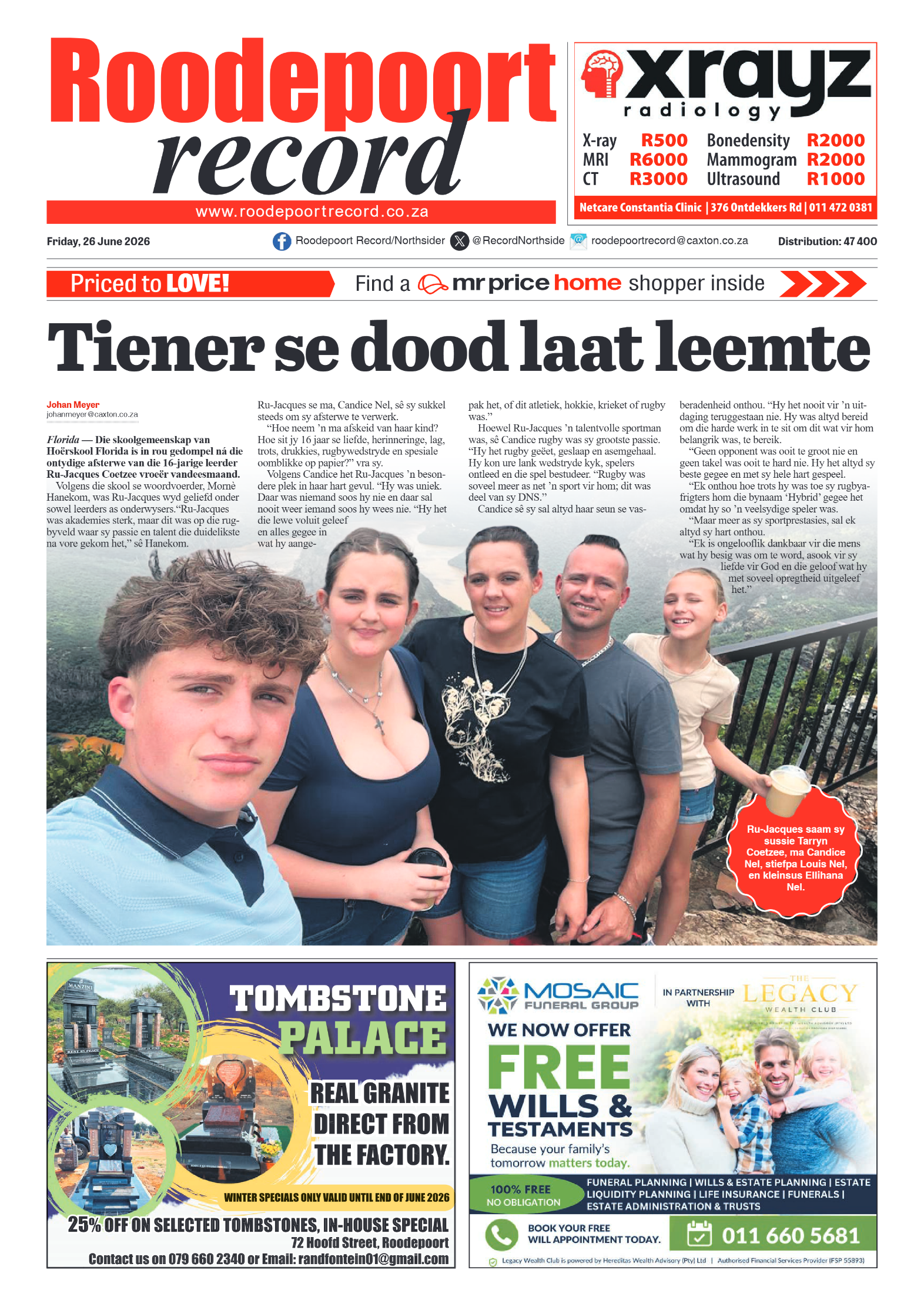 Roodepoort Record 26 June 2026 page 1