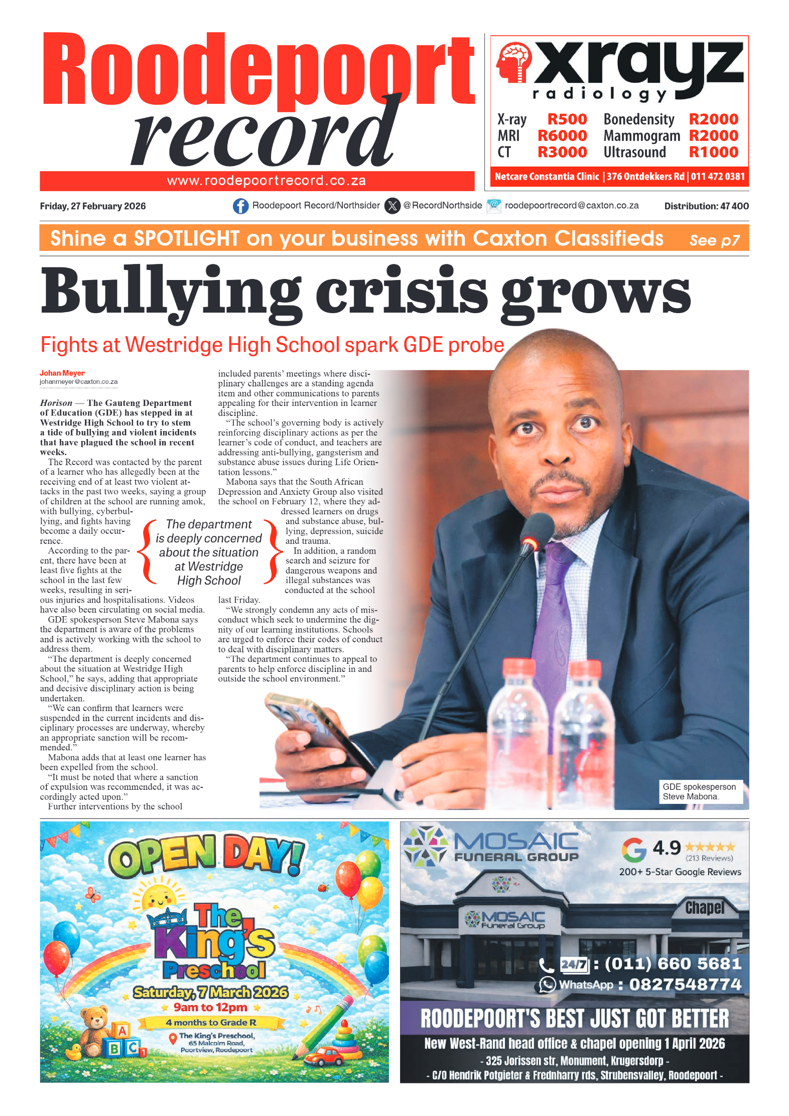 Roodepoort Record 27 February 2026 page 1