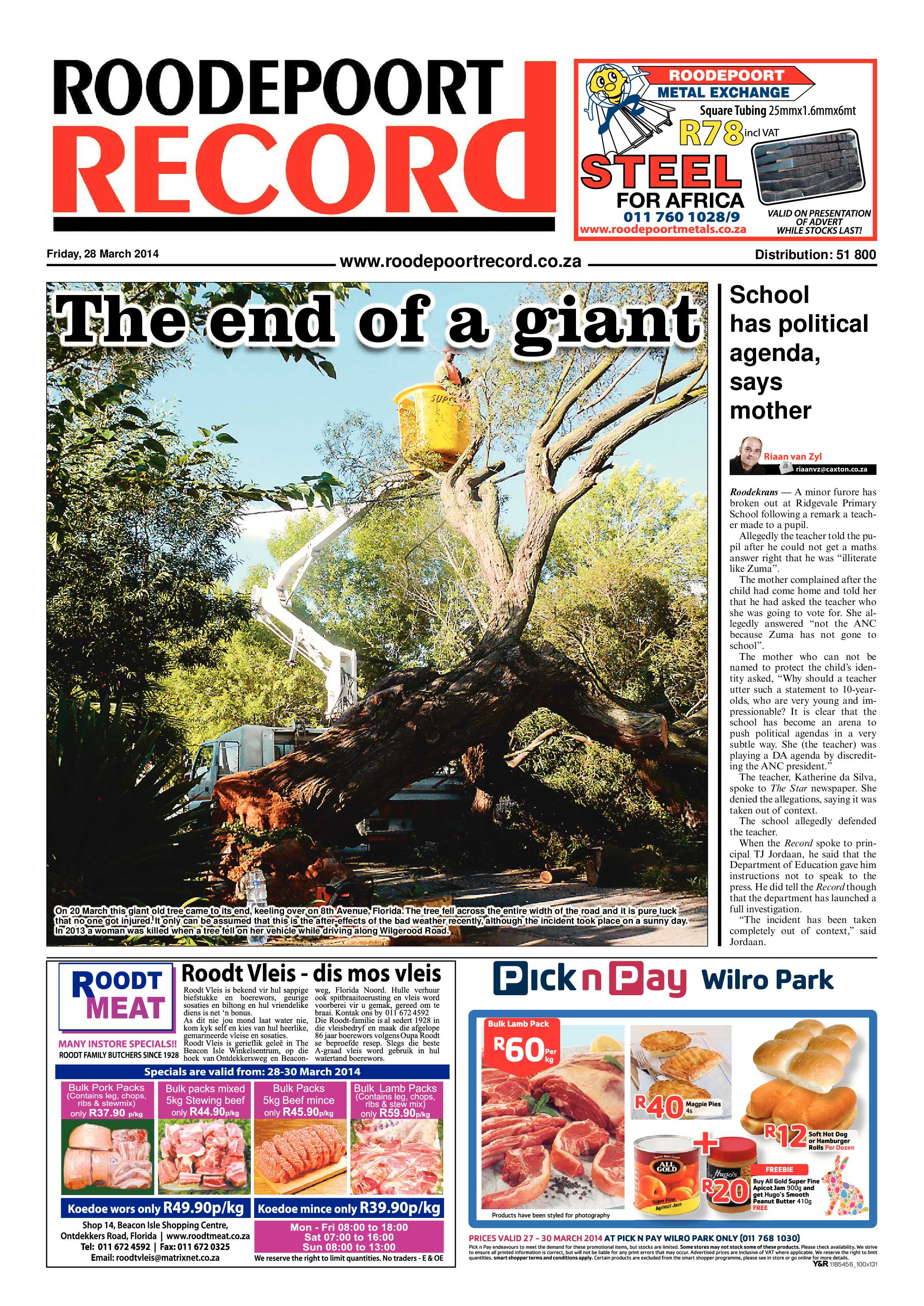 Roodepoort Record 28 March 2014 page 1