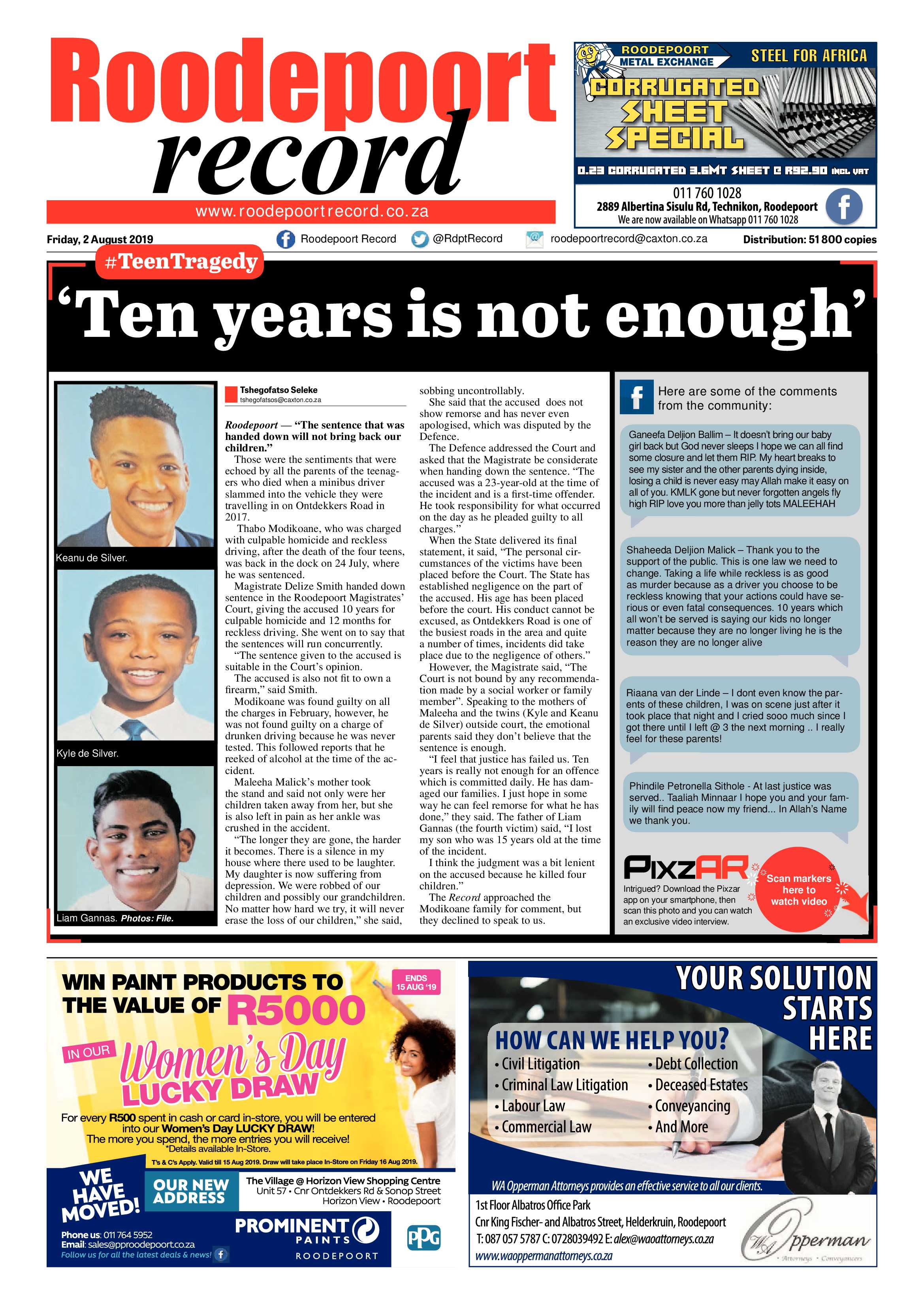 Roodepoort Record 2 August 2019 page 1