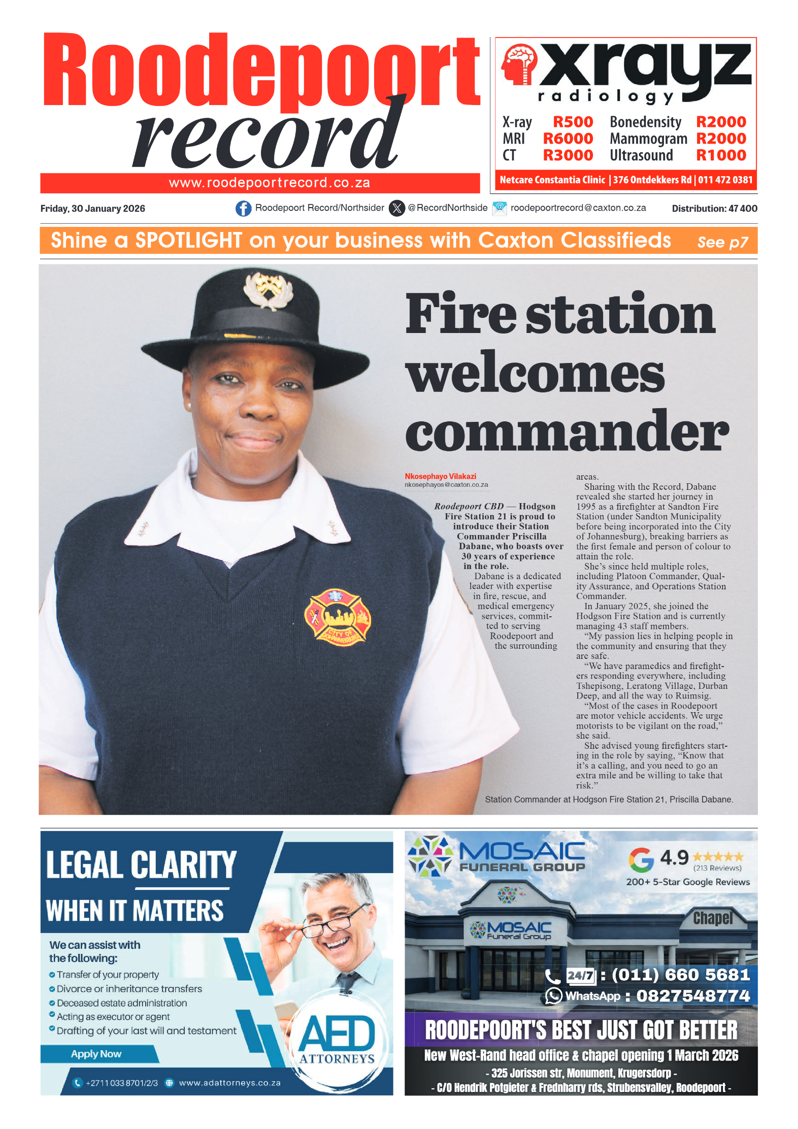 Roodepoort Record 30 January 2026 page 1
