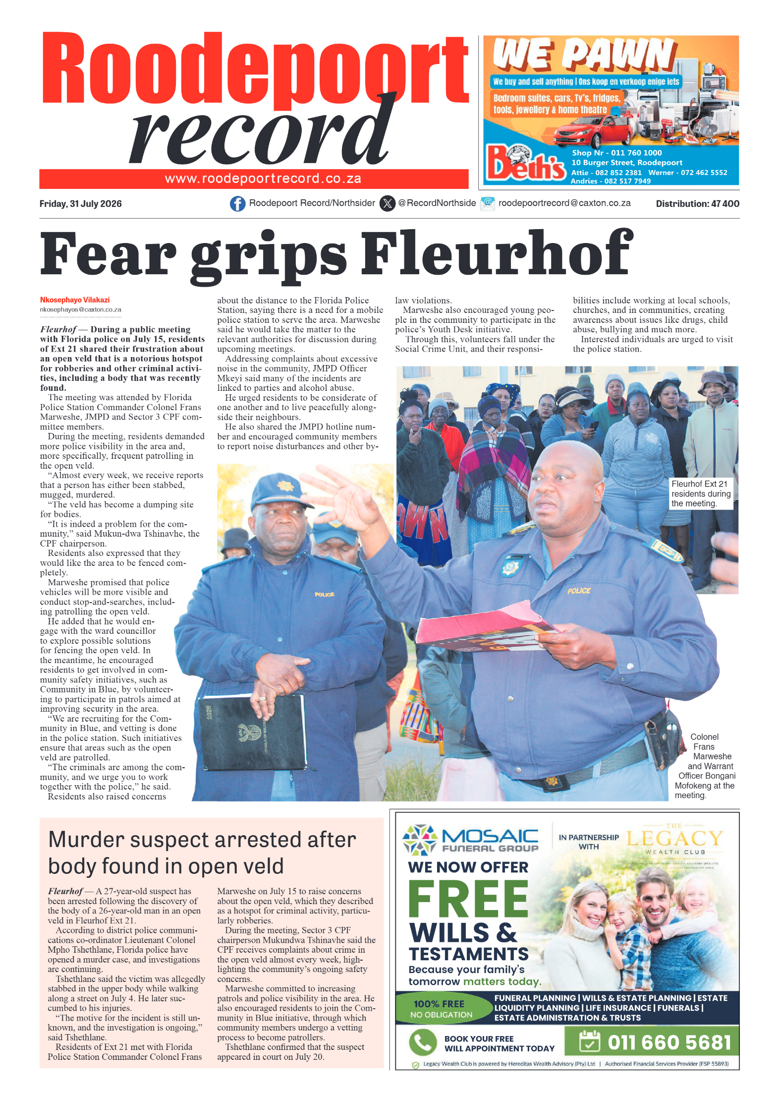 Roodepoort Record 31 July 2026 page 1