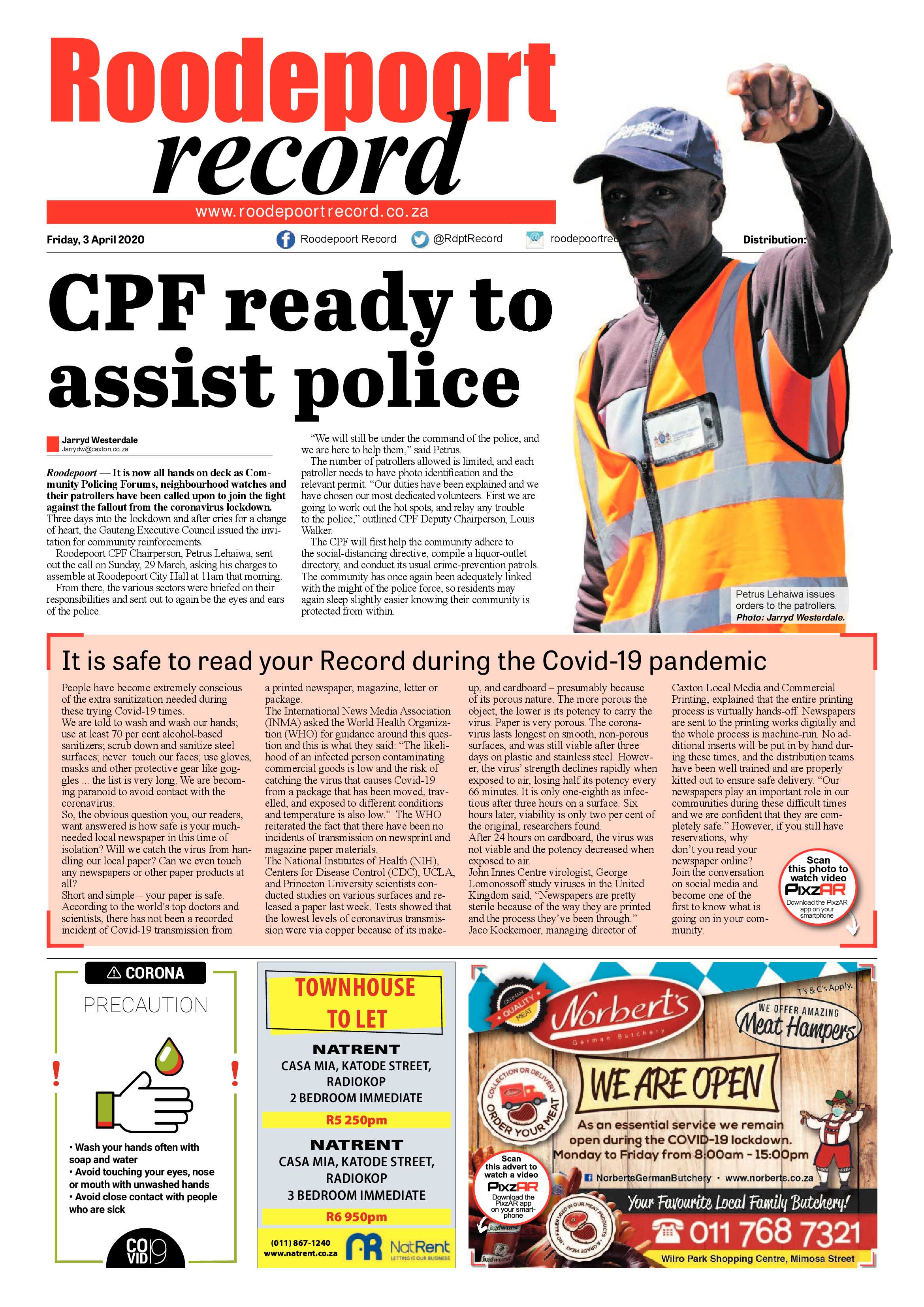 Roodepoort Record 3 April 2020 page 1