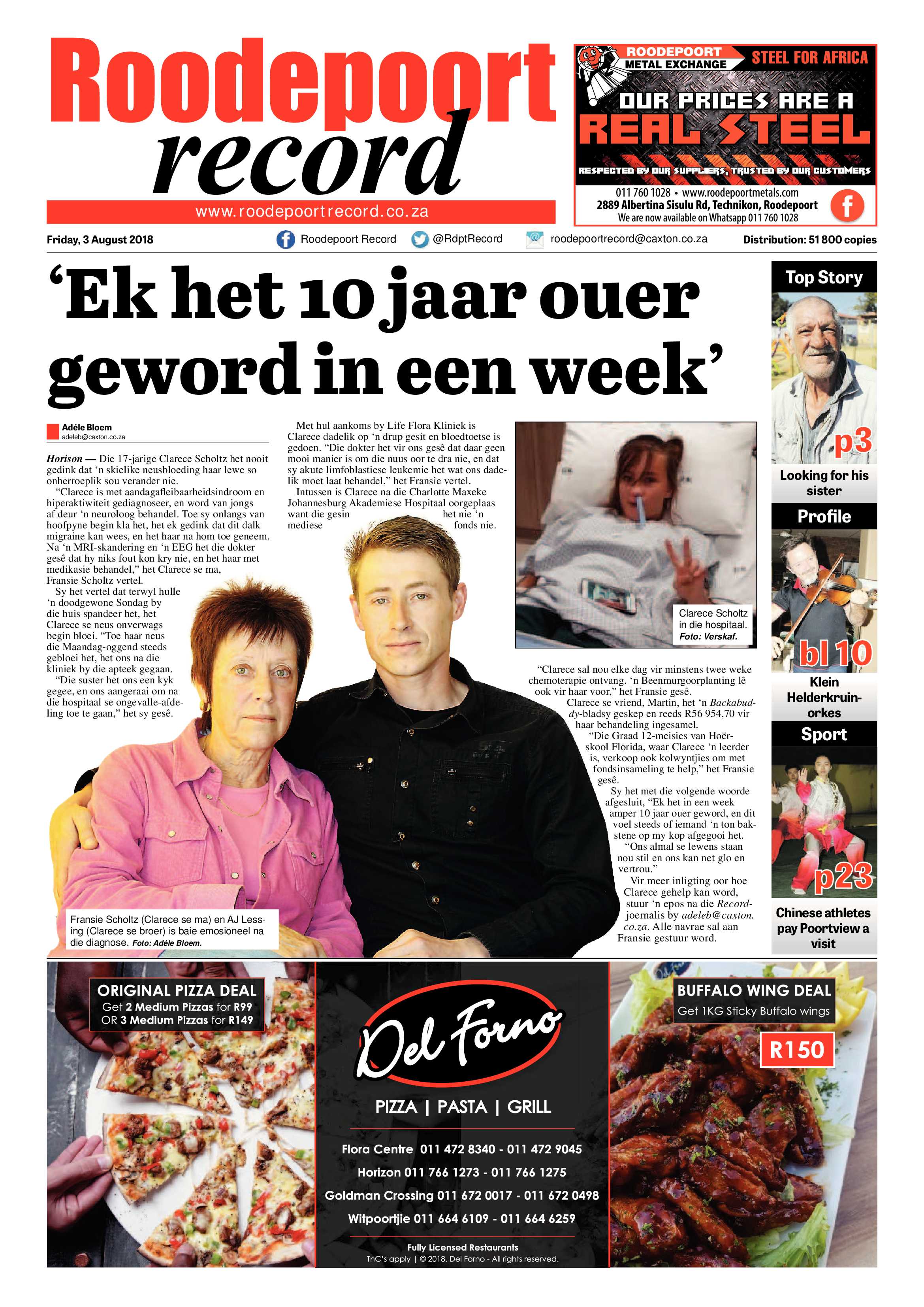 Roodepoort Record 3 August 2018 page 1