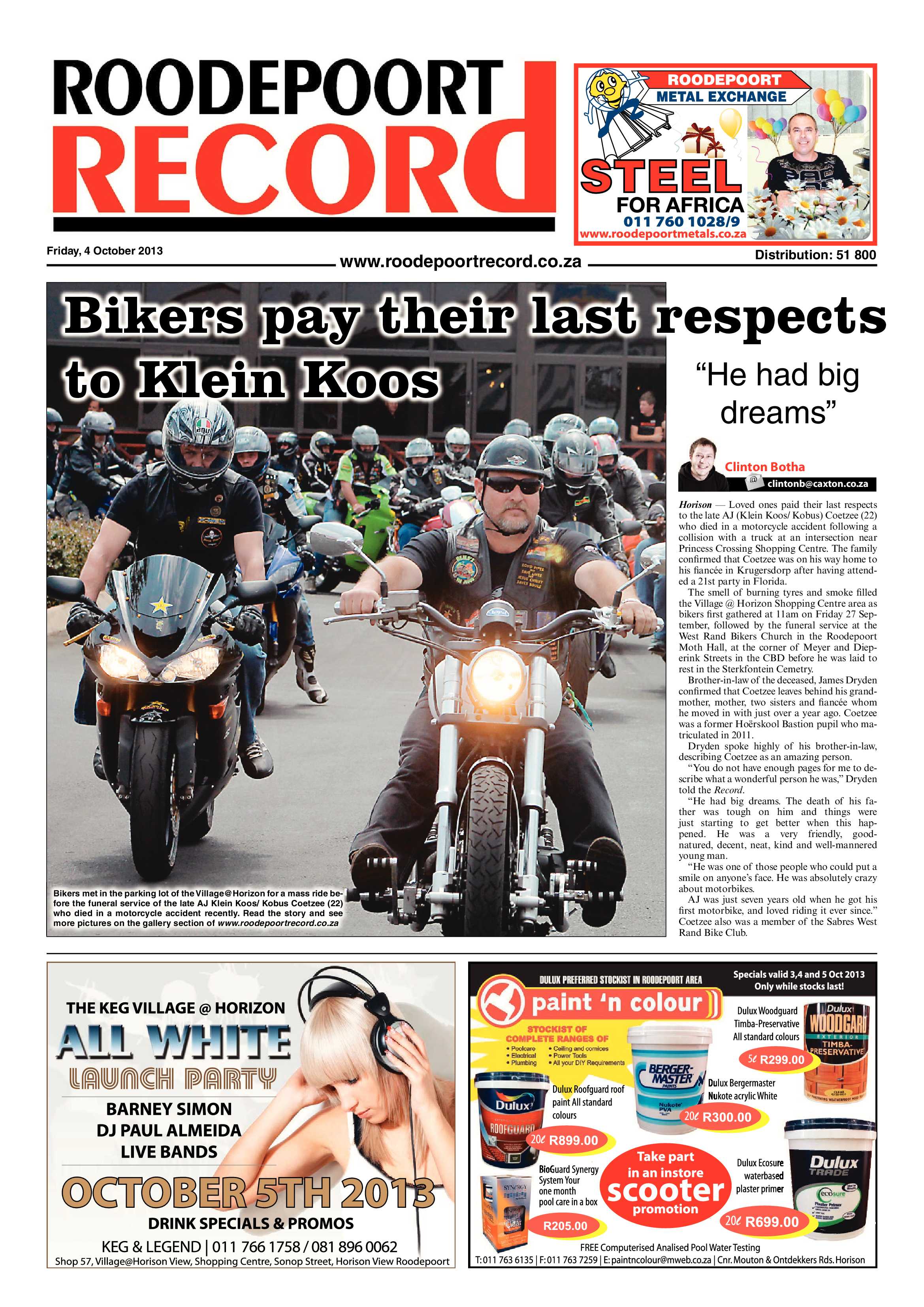 Roodepoort Record 4 October 2013 page 1