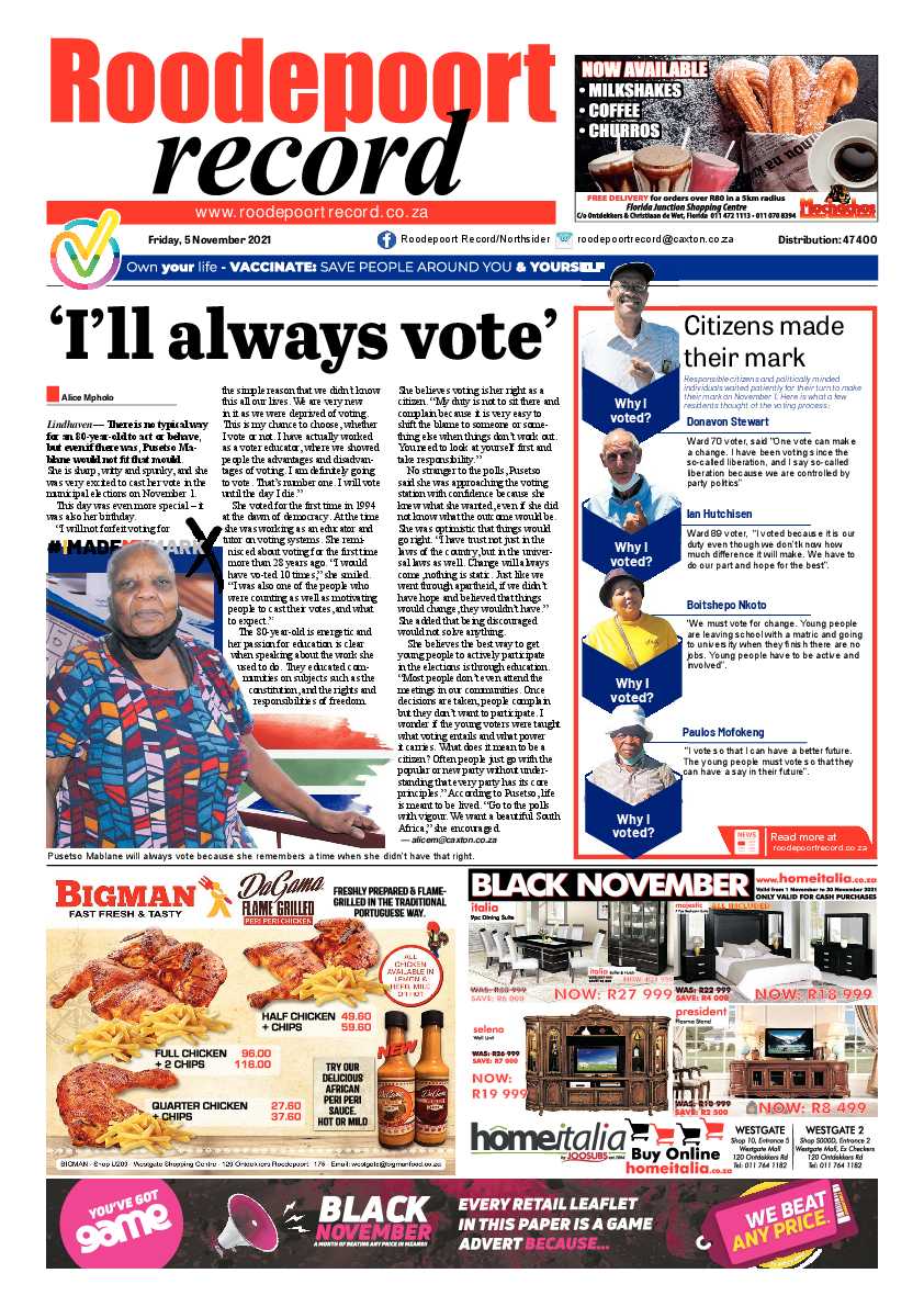 Roodepoort Record 5 November 2021 page 1