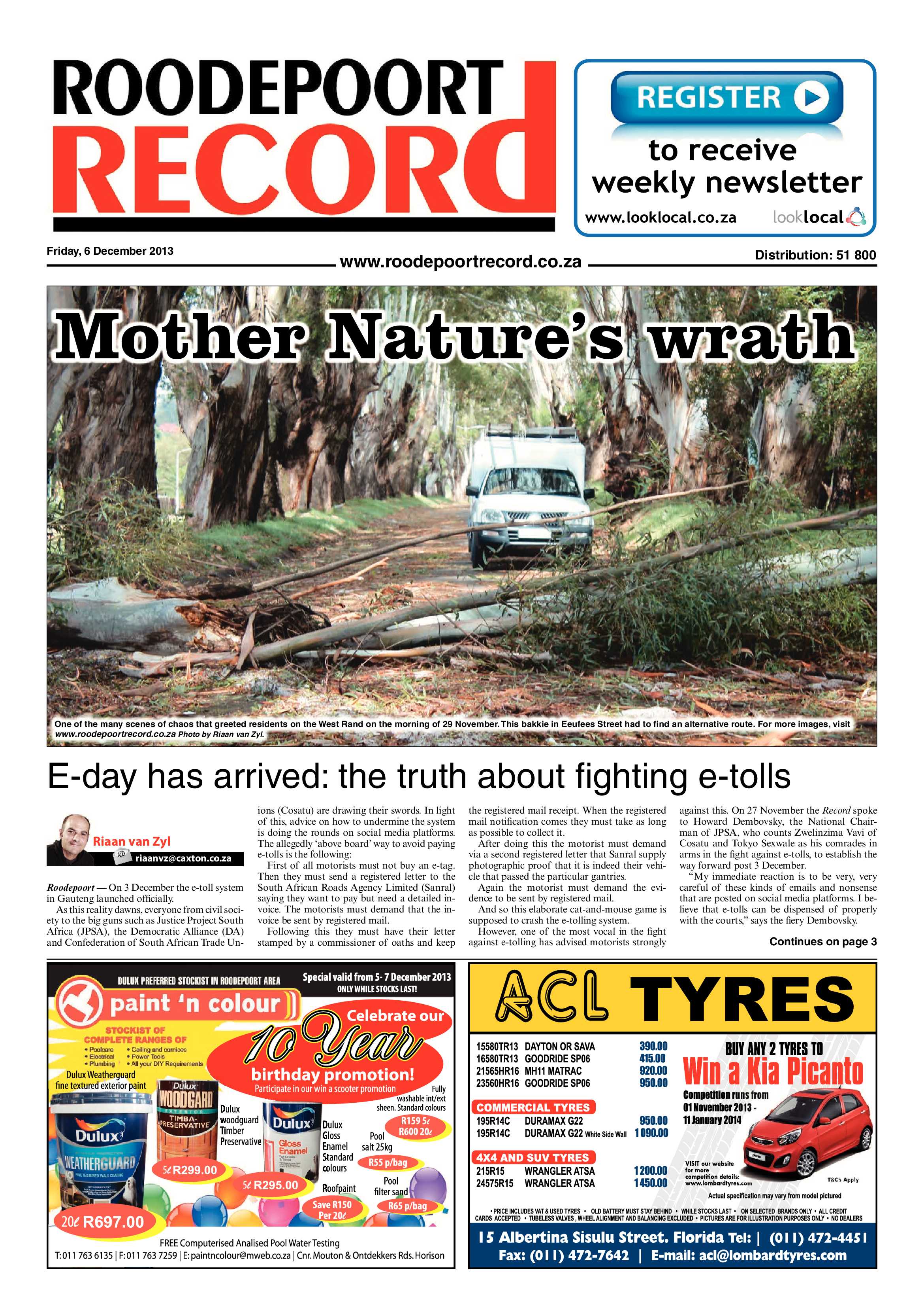 Roodepoort Record 6 December 2013 page 1