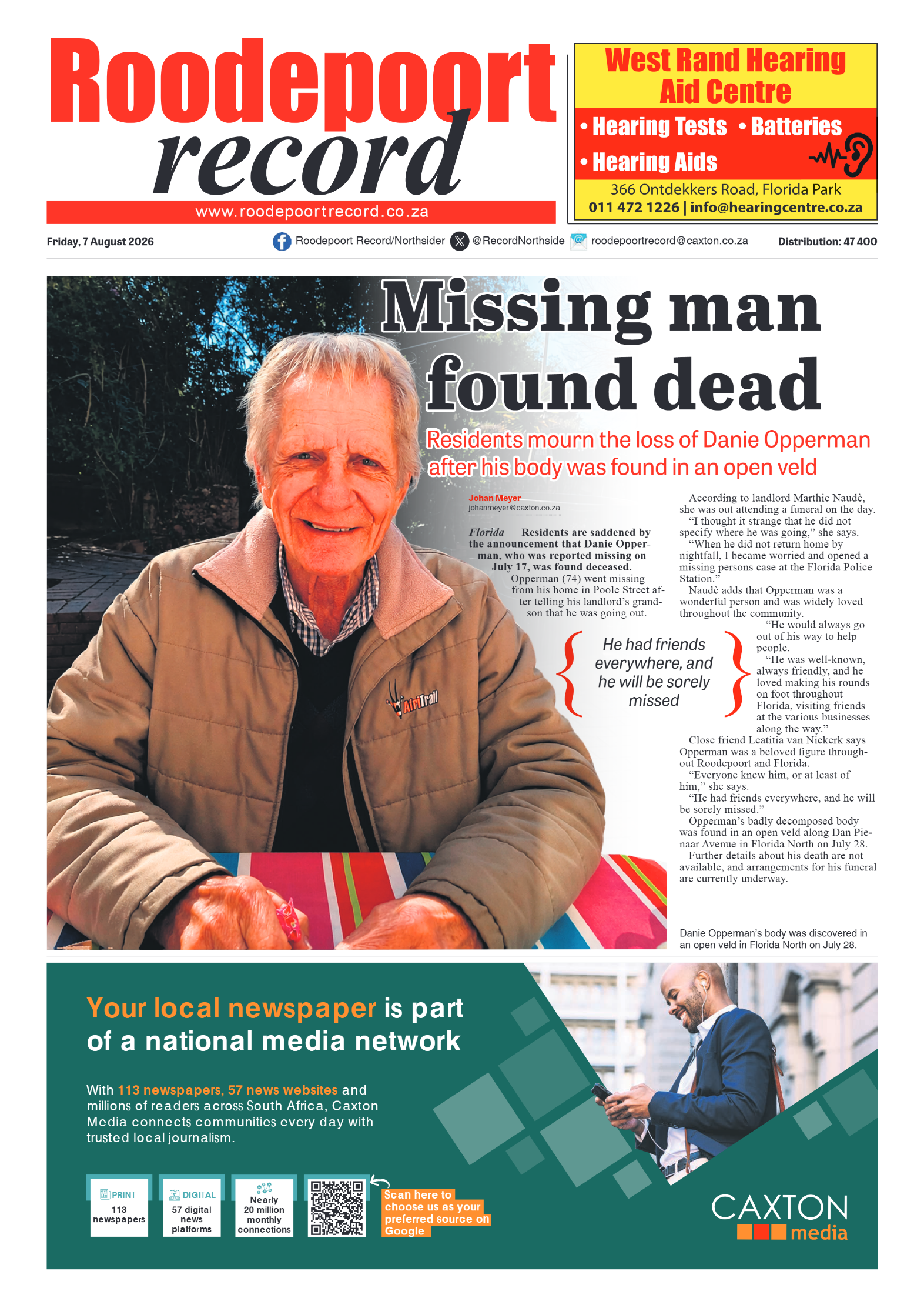 Roodepoort Record 7 August 2026 page 1