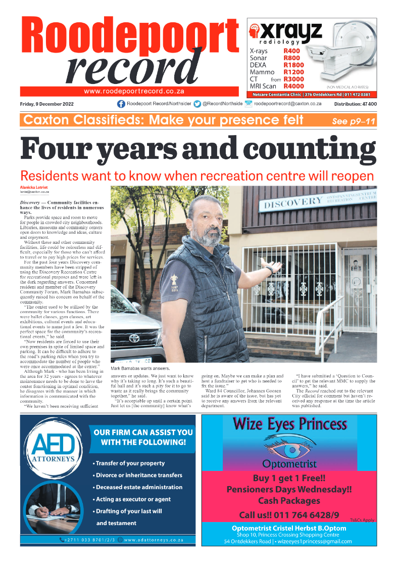 Roodepoort Record 9 December 2022 page 1